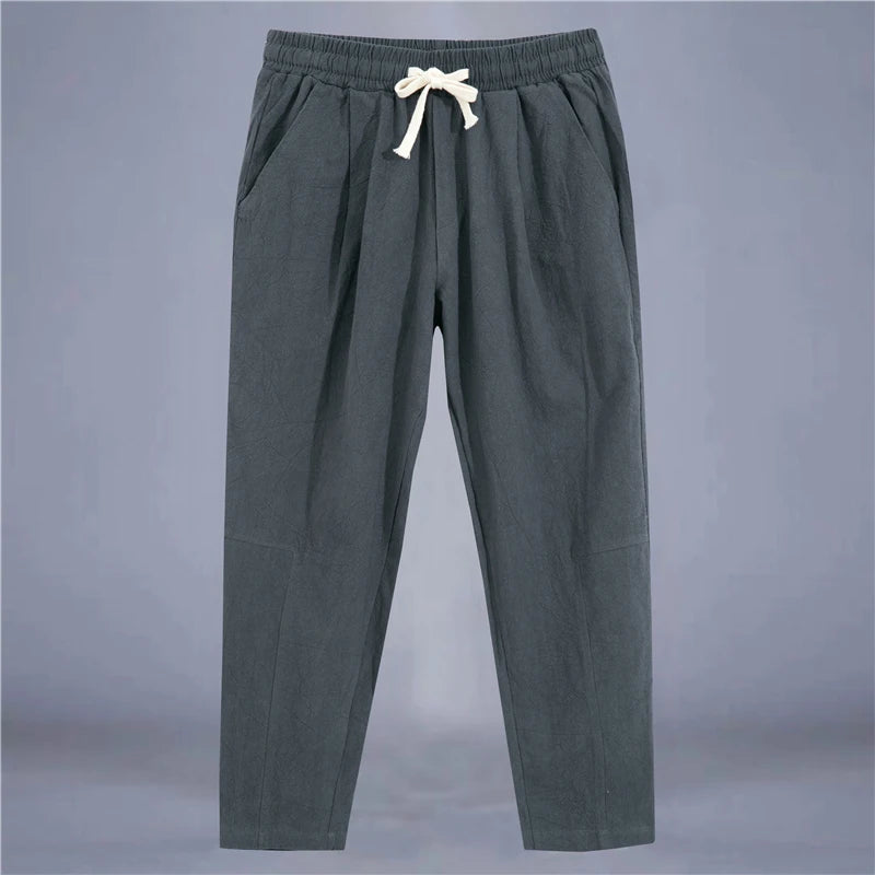 Men's Trousers Cotton Linen Fashion Casual Pants Solid Color Breathable Loose Shorts Straight Drawstring Pants Streetwear Men Quick Pick Grocers