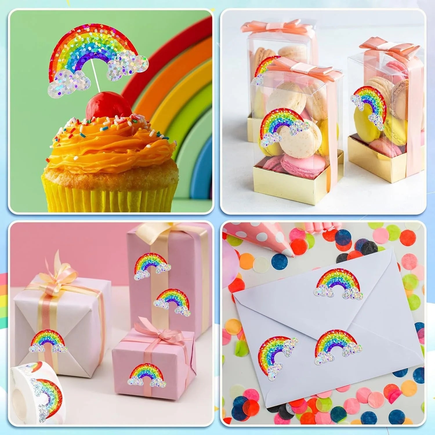 500 Pcs Rainbow Stickers Roll Laser Colored Rainbow Shape Seal Stickers Waterproof Self-Adhesive Decals for Envelope Quick Pick Grocers