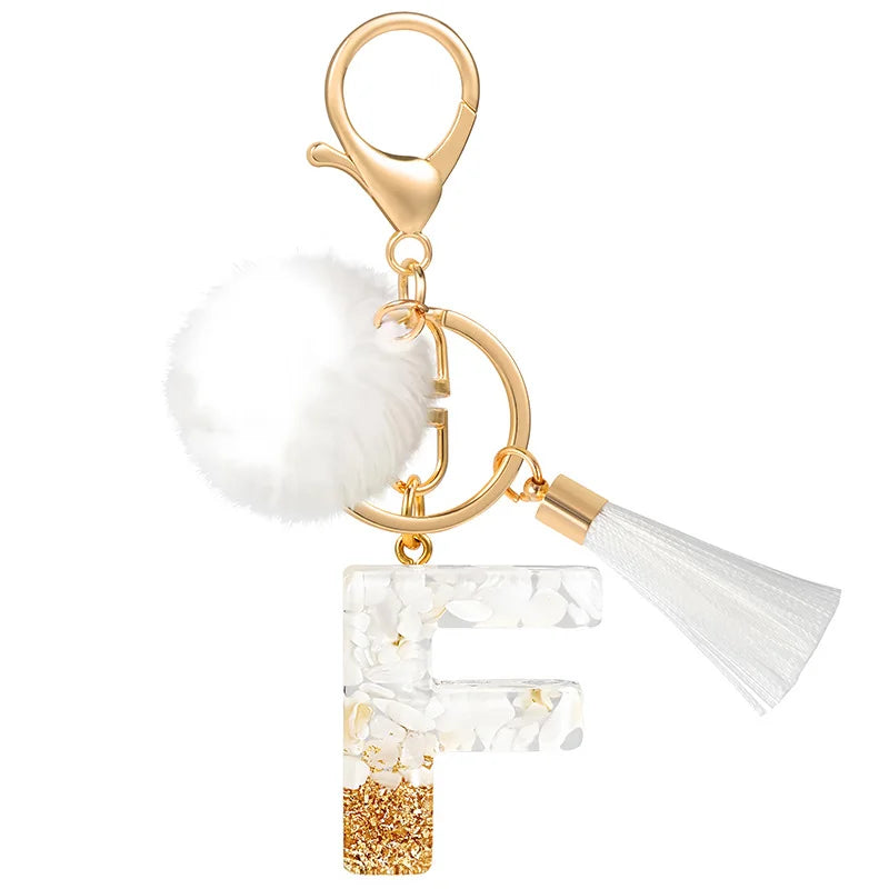 Creative Resin Initials White Fringe Fur Ball Women Keychain A-Z Letter Pendant Handbag Decor Car Key Ring Jewelry Gift Quick Pick Grocers