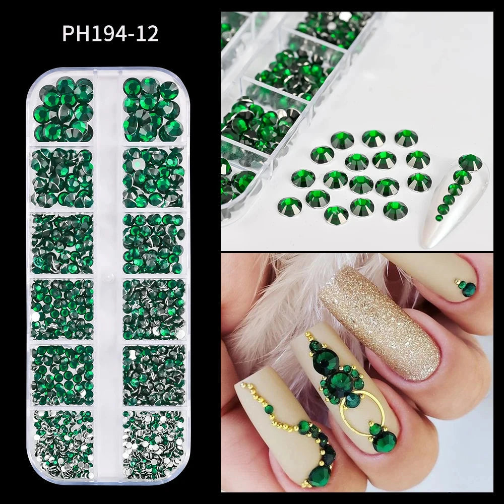 12Grids SS6-SS30 Mixed Nail Rhinestones Shiny Clear/Gold/Pink/Blue Diamond Flat-back Nail Gems Glass Stones Nails Decoration Econic Blanks