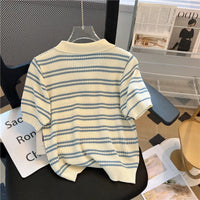 2025 Polo Neck New Womens Knitting T-Shirt Striped Short Sleeve Women T Shirt for Female Slim Tops Woman T Shirts Clothing S145 Quick Pick Grocers