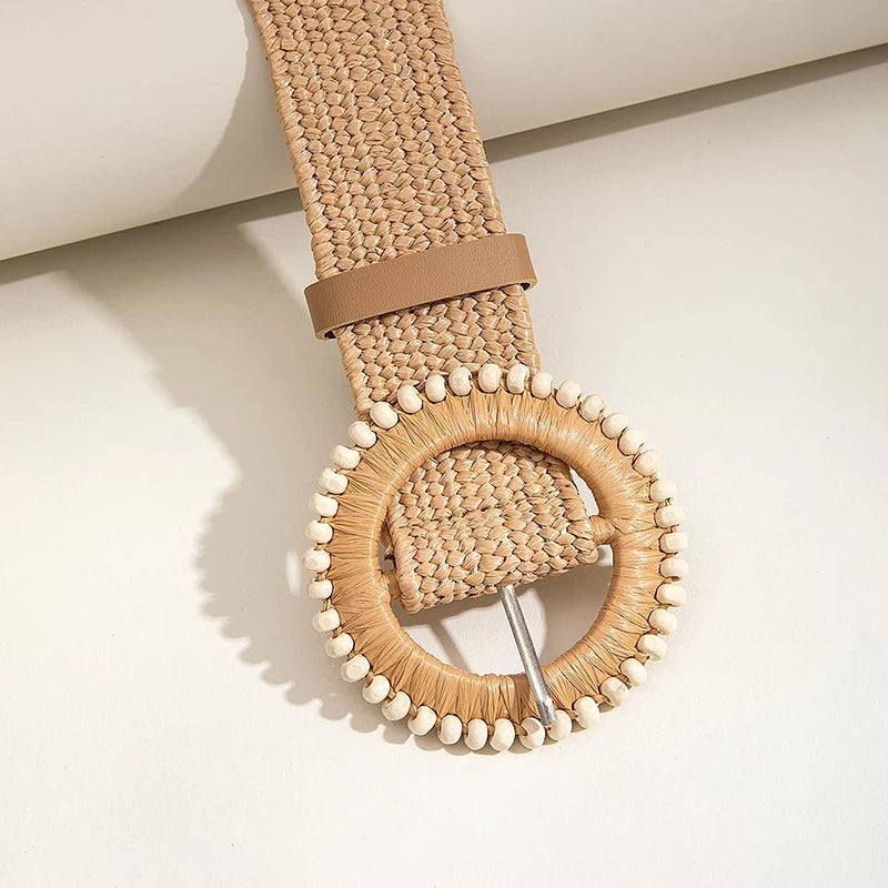 1pc Women Round Buckle Boho Straw Belt For Beach Ellipse Buckle Bead Decor Bohemian Woven Belt For Holiday Quick Pick Grocers