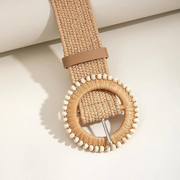 1pc Women Round Buckle Boho Straw Belt For Beach Ellipse Buckle Bead Decor Bohemian Woven Belt For Holiday Quick Pick Grocers