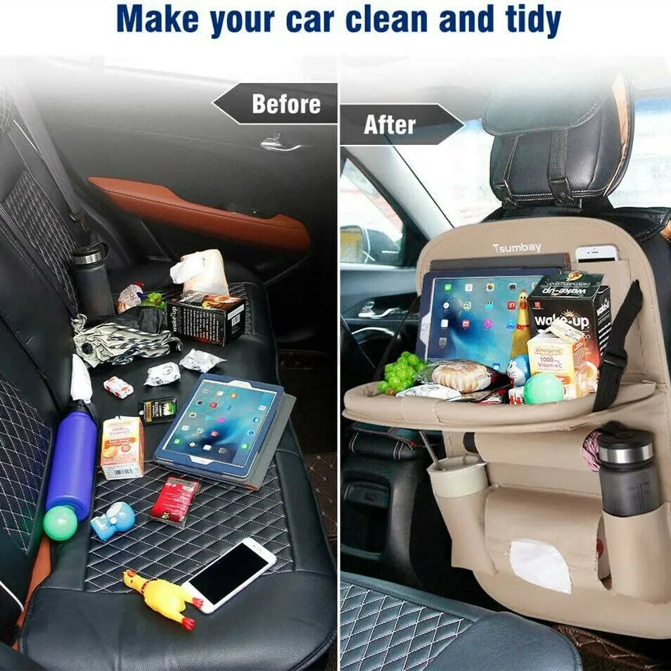 Car Seat Back Organizer with Foldable Table Tray PU Leather Storage Organizer with Pockets Kick Mats Seat Interior Accessories Econic Blanks