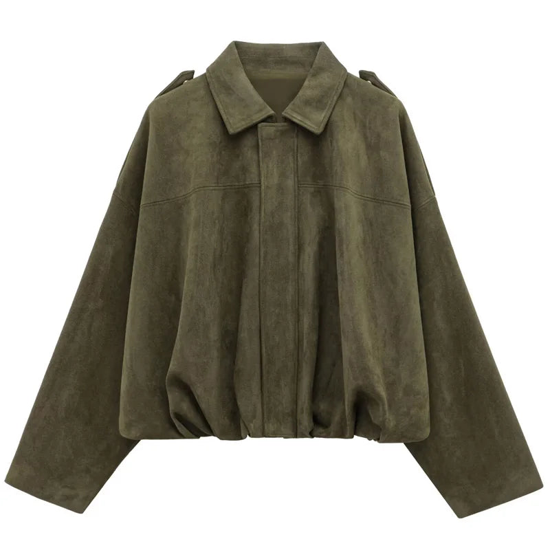 HXAO Women's Bomber Jacket Lapel Long Sleeve Zipper Suede Jacket Women 2025 High Street Cropped Racing Jackets Coats Outerwears Econic Blanks