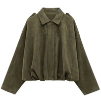 HXAO Women's Bomber Jacket Lapel Long Sleeve Zipper Suede Jacket Women 2025 High Street Cropped Racing Jackets Coats Outerwears Econic Blanks