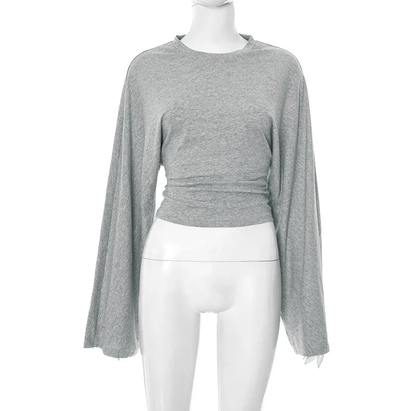 Women's Long Sleeve O-Neck Skinny T-Shirt Monochromatic Crop Top Casual Y2K Streetwear Fashion Pullover Summer Outfit Quick Pick Grocers