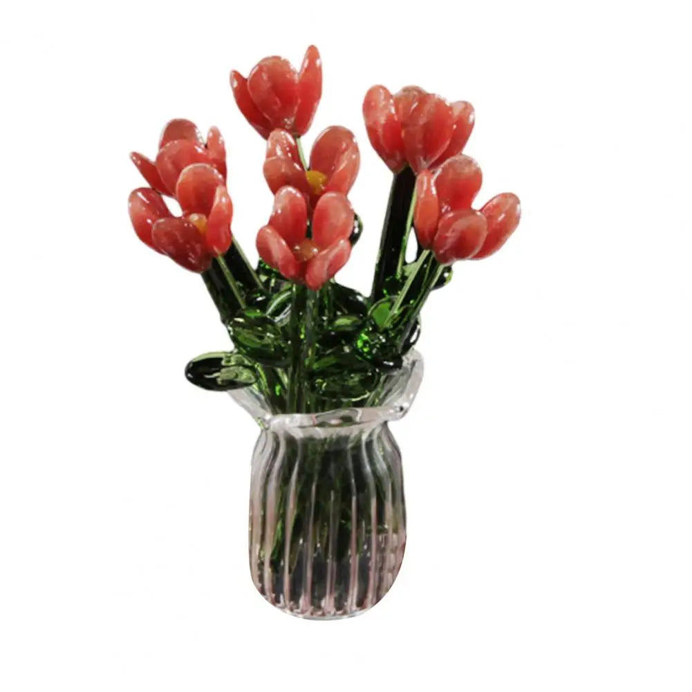 Glass Flower Decor Handcrafted Floral Sculpture Hand-blown Glass Flower Bouquet with Vase Mini Floral Decoration for Home Room Quick Pick Grocers