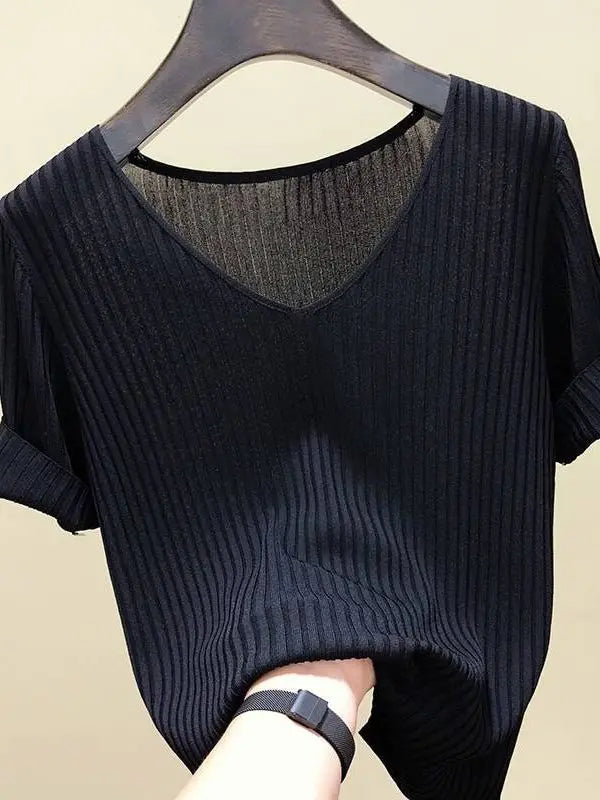 AOSSVIAO 2026 Basic V-neck Solid Thin Summer Women Pullover Female Thin Knitted Ribbed Sweater Slim Short Sleeve Bodycon Sweater Quick Pick Grocers