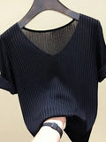 AOSSVIAO 2026 Basic V-neck Solid Thin Summer Women Pullover Female Thin Knitted Ribbed Sweater Slim Short Sleeve Bodycon Sweater Quick Pick Grocers