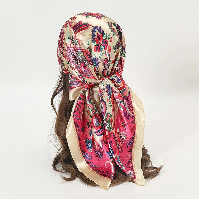 Satin Square Scarf Women Muslim Hijab Elegant 2025 Print Silk Neckerchief Shawl Wraps Headband Handle Hair Accessories Bandana Econic Blanks