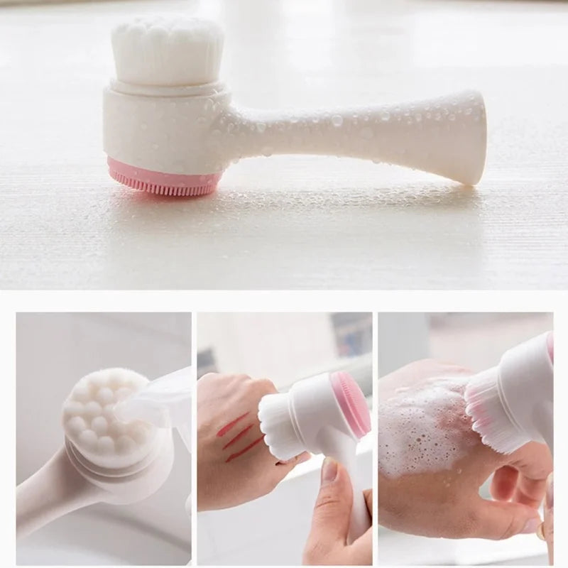 3D Double Silicone Facial Cleansing Brush Manual Massage Facial Brush Soft Bristles Exfoliator Double Sided Face Wash Brush Quick Pick Grocers