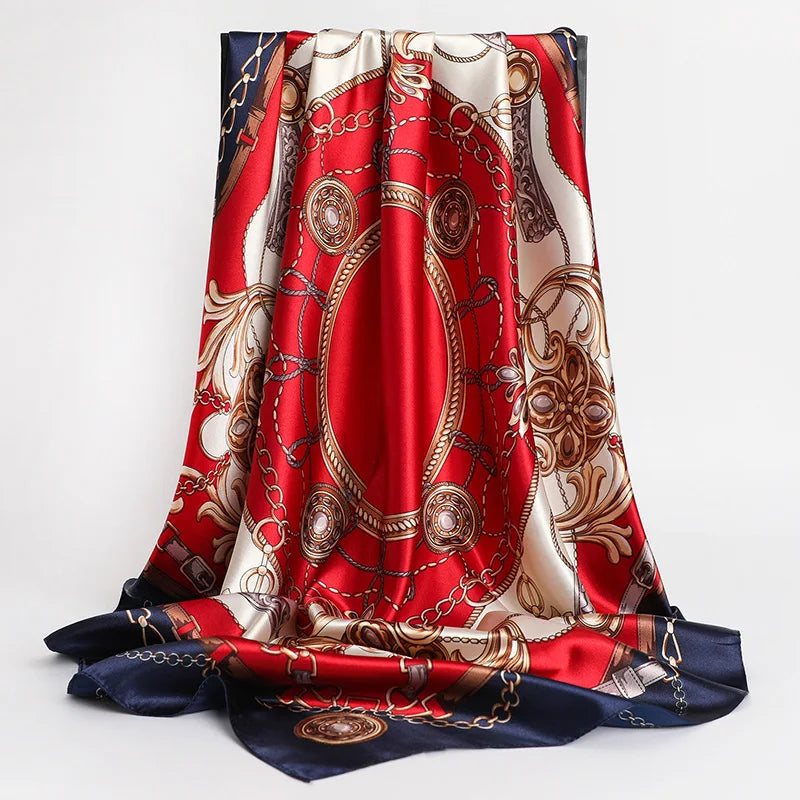 90*90cm Square Silk Scarves Women Hijab Shawls Fashion Print Kerchief Femme Head Scarf Foulard Bandana Beach Pareo Quick Pick Grocers