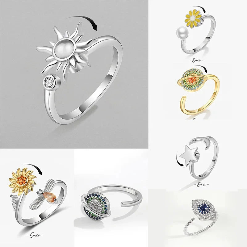 Anti Stress Anxiety Fidget Rings for Women Satinless Steel Spinner Sunflower Sun Star Ring Trendy Jewelry Gift Dropshipping Econic Blanks