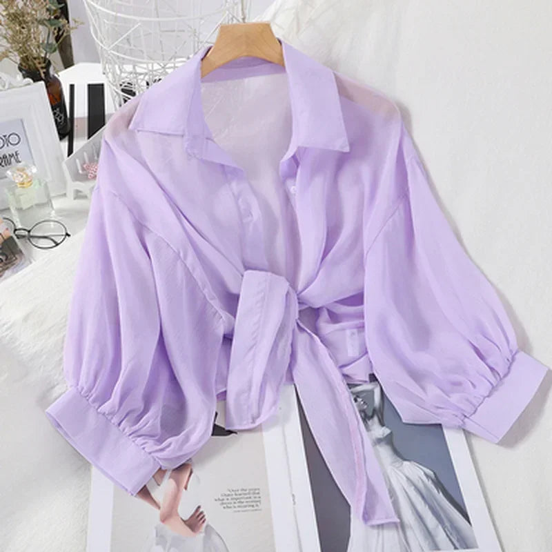 Casual Loose Hollow White Clothes Elegant Solid Color Tied Waist Blouse Women Summer Bat Half Sleeve Button Chiffon Shirt Quick Pick Grocers