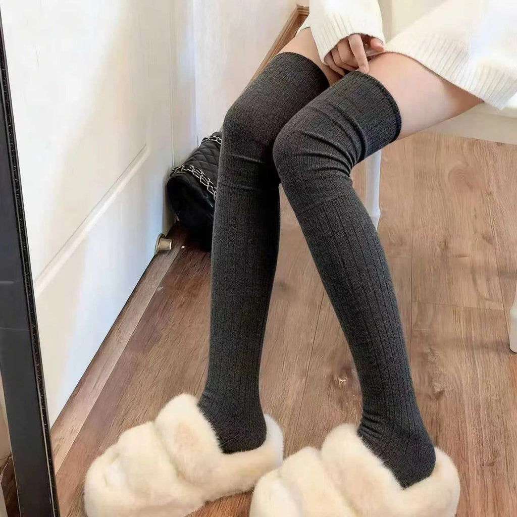 Fashion Pure Cotton Knee-high Socks Solid Color Keep Warm Long Tight Socks Boot Socks Fall Winter Quick Pick Grocers
