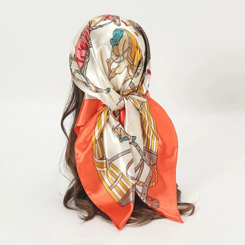 Satin Square Scarf Women Muslim Hijab Elegant 2025 Print Silk Neckerchief Shawl Wraps Headband Handle Hair Accessories Bandana Econic Blanks