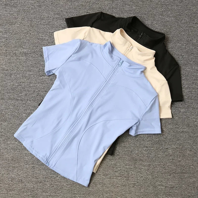 Summer High Quality Waist Slimming Training Tops Women's Quick-drying Tight Stand Collar Full Zipper Short Sleeves Yoga shirts Quick Pick Grocers