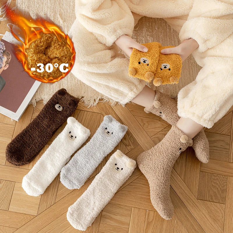 2 Pairs Cute Socks Bear Women Coral Velvet Thick Plush Warm Socks Sleep Fluffy Socks Cute Cartoon Lovely Floor Fuzzy Sock Winter Purest Peak