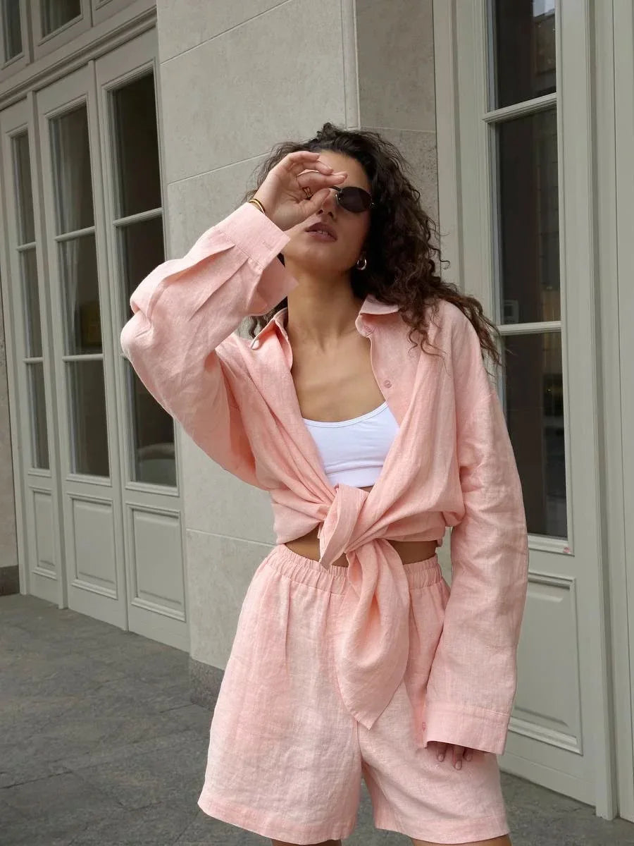 Bornladies Cotton Casual Pants Sets Women's Solid Color Cozy Lapel Long Sleeve Shirt Summer Outfit Elastic Waist Pants Suits Quick Pick Grocers