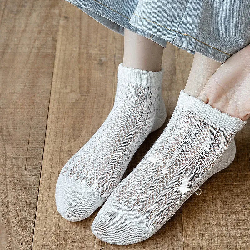 Fashionable Summer Soft Short Socks for Women Thin Mesh Sock Breathable Feature Sweet Hollow Out Design White Lace Ankle Socks Quick Pick Grocers