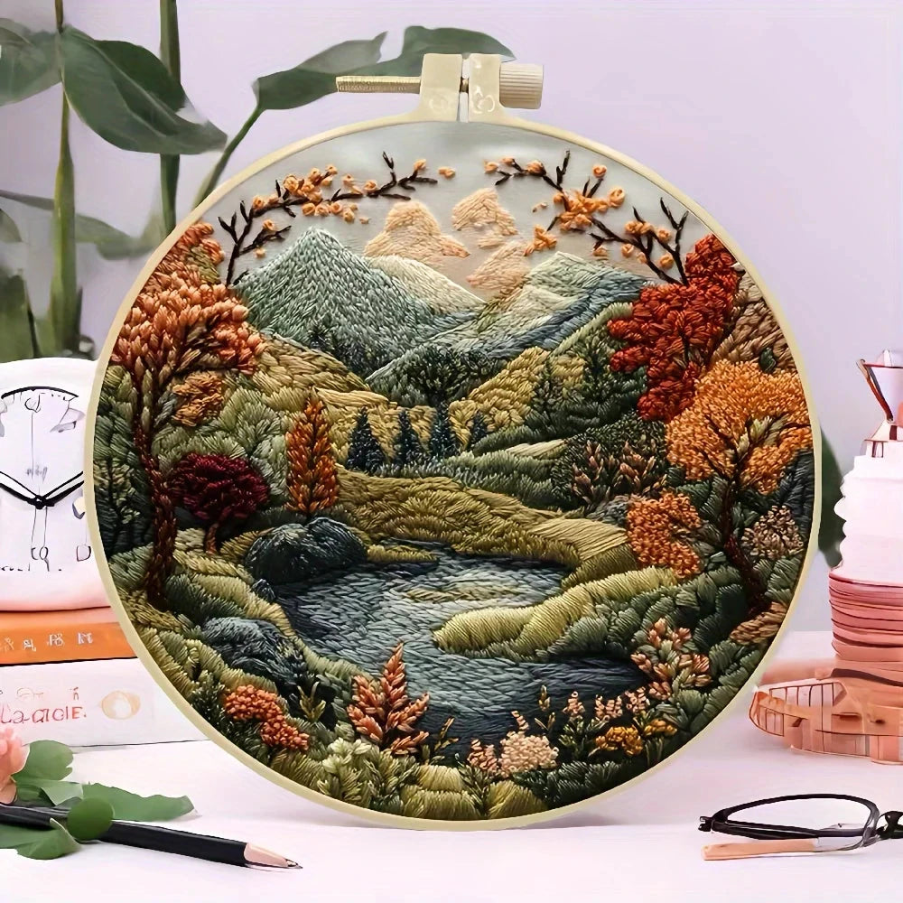 Beginners Hand Embroidery Kit - Mountain and Moon Landscape, Mixed Colors, Fabric Included - Perfect Handmade Gift Econic Blanks