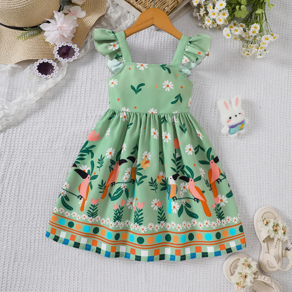 Girls' summer style small fly sleeve plant print dress Quick Pick Grocers