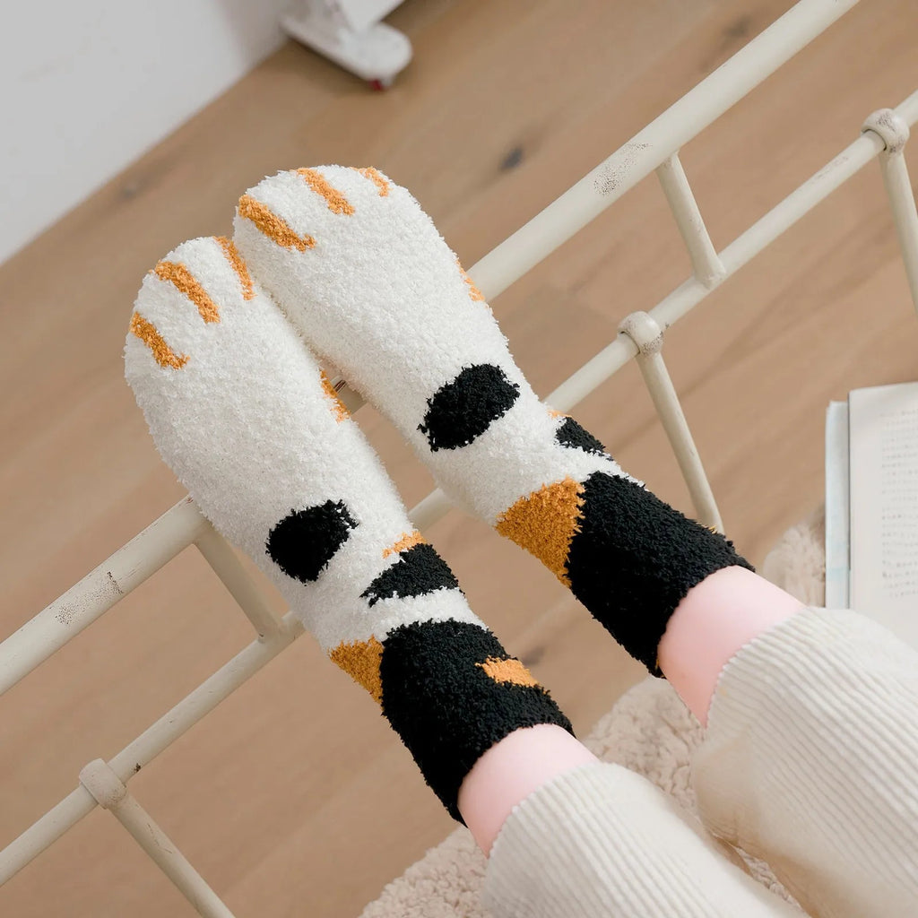 Women Winter Warm Fluffy Socks Cute Animal Claw Cat Paw Footprint Fuzzy Socks Female Thick Coral Fleece Home Floor Sleep Socks Purest Peak