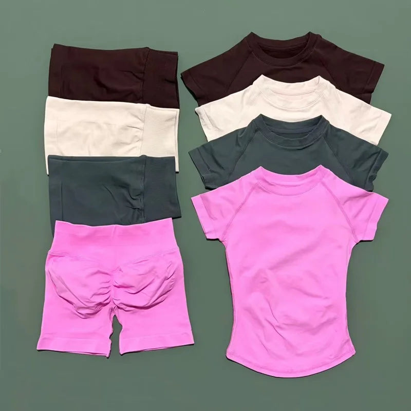 2 Pcs HISTELLO Sports Gym Sets Short Sleeve Seamless Yoga Clothing Fitness Set Women Workout Running Sports Short Leggings Suit Quick Pick Grocers