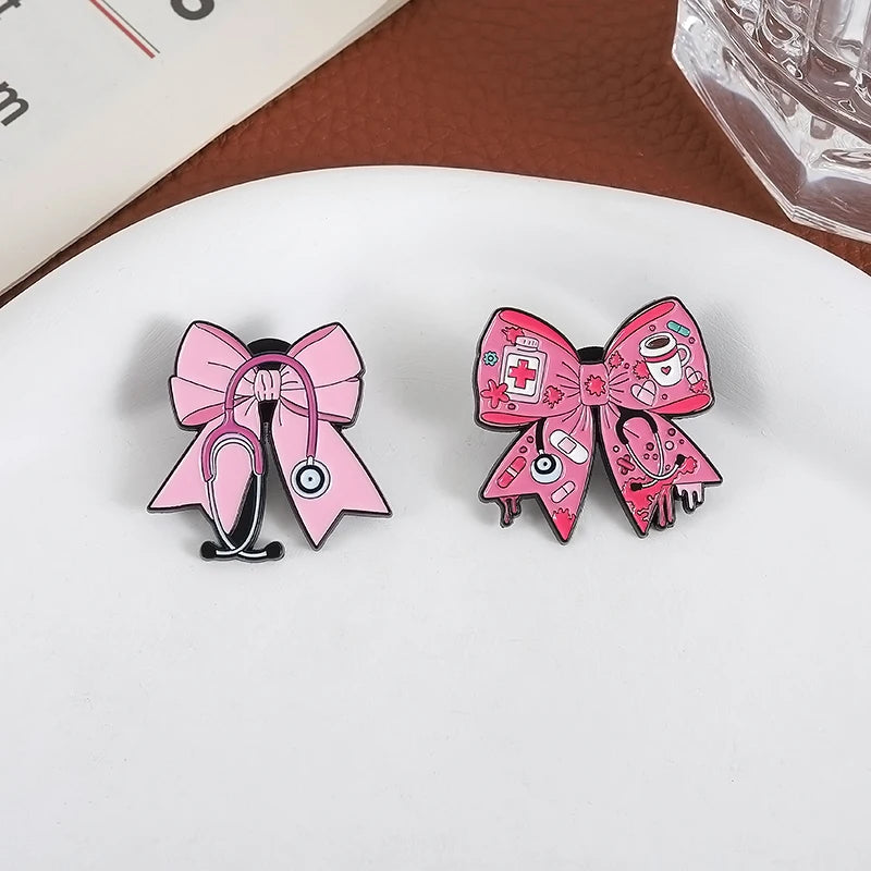 Pink Bowknot Medical Tools Stethoscope Enamel Pins Surgical Gloves Capsule Band Aid Brooches Clothes Lapel Badges Jewelry Gift Quick Pick Grocers