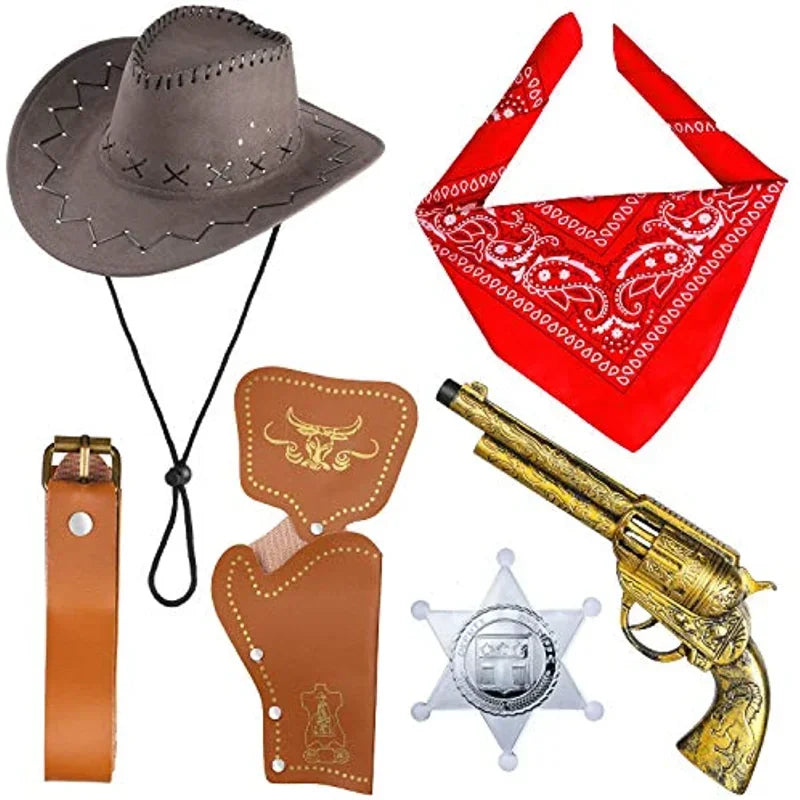 Cowboy Costume Accessories Cowboy Hat Bandanna Toy Guns with Belt Holsters Cowboy Set for Halloween Party Dress Up Six Piece Set Quick Pick Grocers
