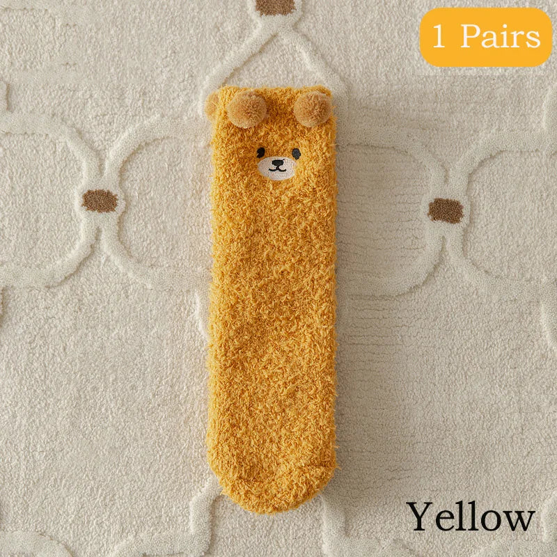 2 Pairs Cute Socks Bear Women Coral Velvet Thick Plush Warm Socks Sleep Fluffy Socks Cute Cartoon Lovely Floor Fuzzy Sock Winter Purest Peak
