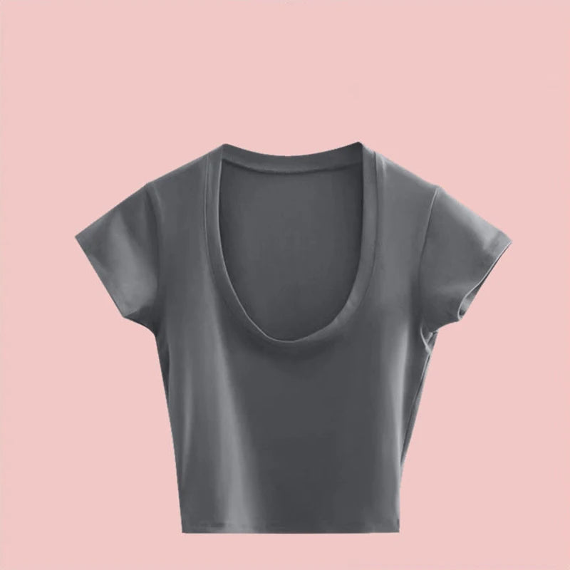 Summer Slim T-Shirt Women Sexy Short Sleeve T Shirt U-Neck Gray Tee Female Solid Basic Black/White Korean Crop Tops Hot Y2k Quick Pick Grocers