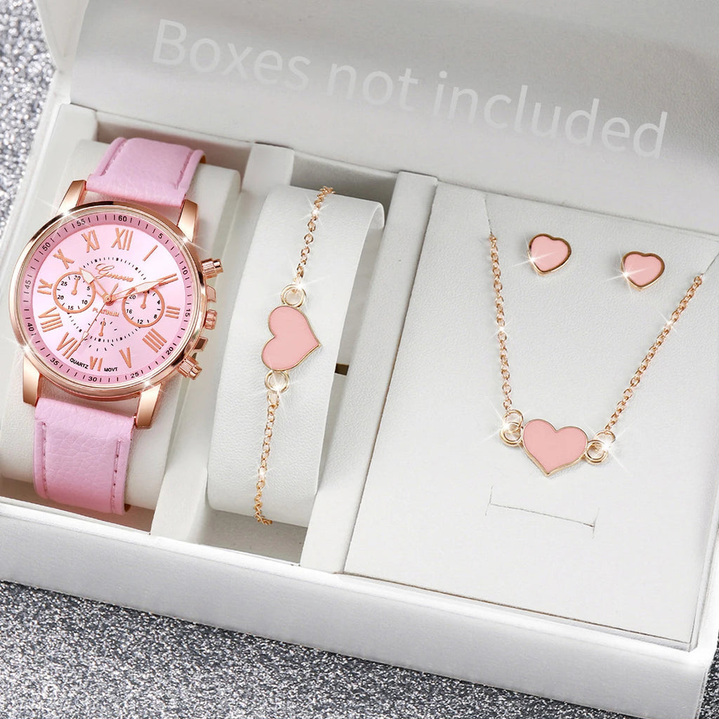 5/6PCS Fashion Women's Quartz Watch Leather Band Analog Wrist Watches Heart Rhinestone Jewelry Set(Without Box) Quick Pick Grocers