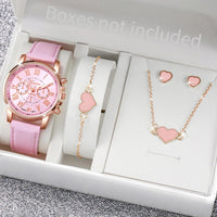 5/6PCS Fashion Women's Quartz Watch Leather Band Analog Wrist Watches Heart Rhinestone Jewelry Set(Without Box) Quick Pick Grocers