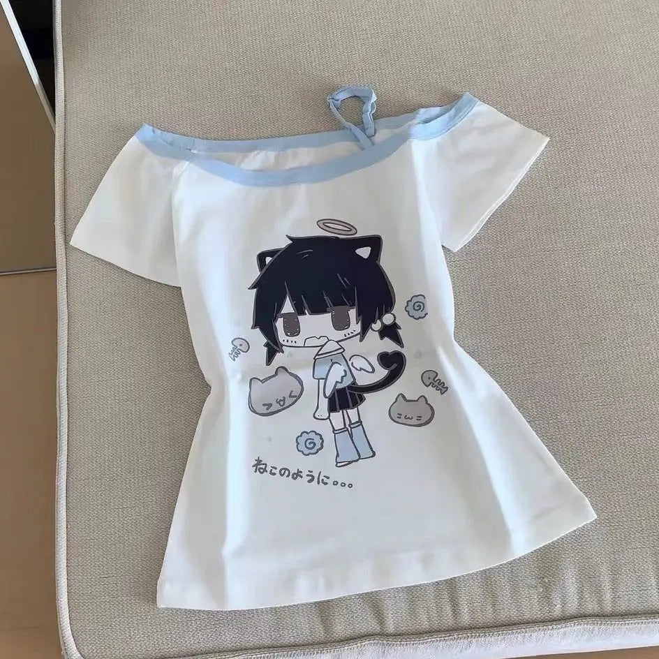 Japanese Y2K Print Skew Collar T-Shirts Summer Off Shoulder Short Sleeve Tee Shirt New Loose All-Match Top for Women Quick Pick Grocers