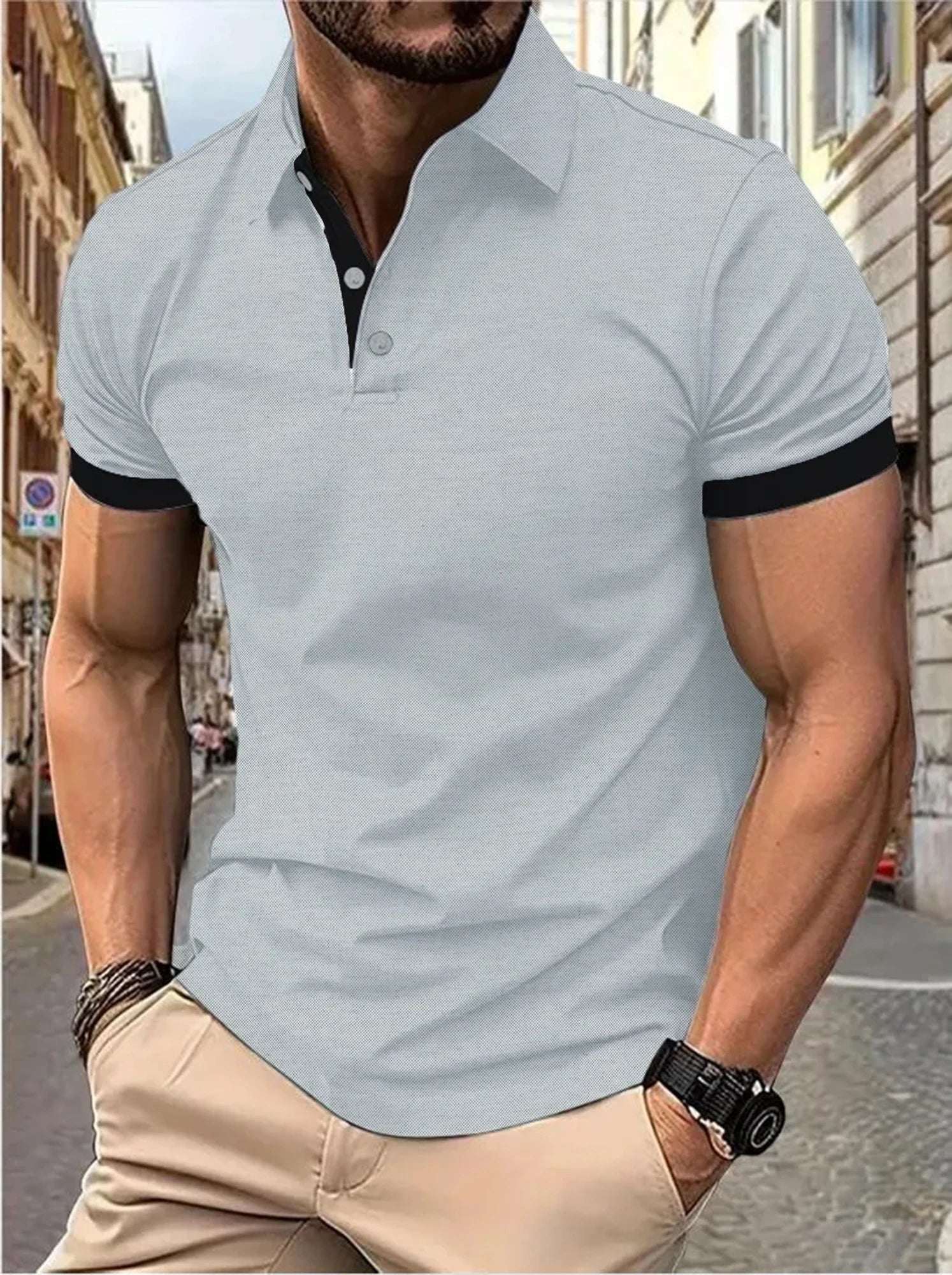 Men's short sleeve color matching fashion with men's lapel short sleeve Quick Pick Grocers