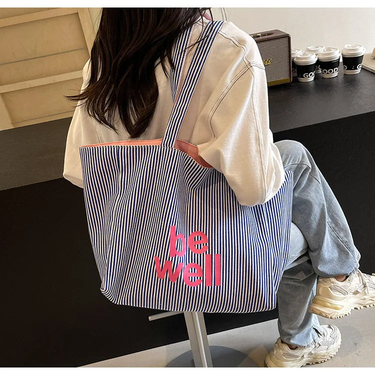 Casual Large Stripe Women's Shoulder Bag 2025 New Fashion Commuter Tote Bag High Capaci Canvas Handbag for Youth bolso mujer Quick Pick Grocers