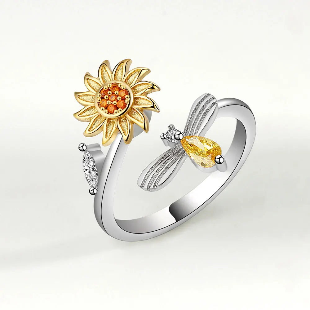 VENTFILLE 925 Sterling Silver Sunflower Diamond Zircon Rotatable Ring For Women Gift Relieve Stress Ring Jewelry Wholesale Quick Pick Grocers