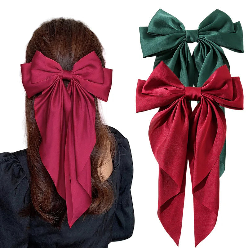 Korean Accessories Hair Clips for Women Girls Big Bowknot Solid Satin Long Ribbon Bows Spring Clamp Barette Cheveux Femme 2023 Quick Pick Grocers