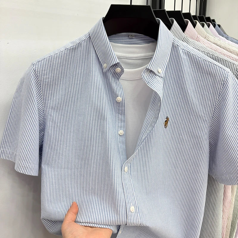 High End Brand Embroidered Striped Shirt Men's Short Sleeved Lapel Business Breathable Shirt Summer New Pure Cotton Jacket Quick Pick Grocers