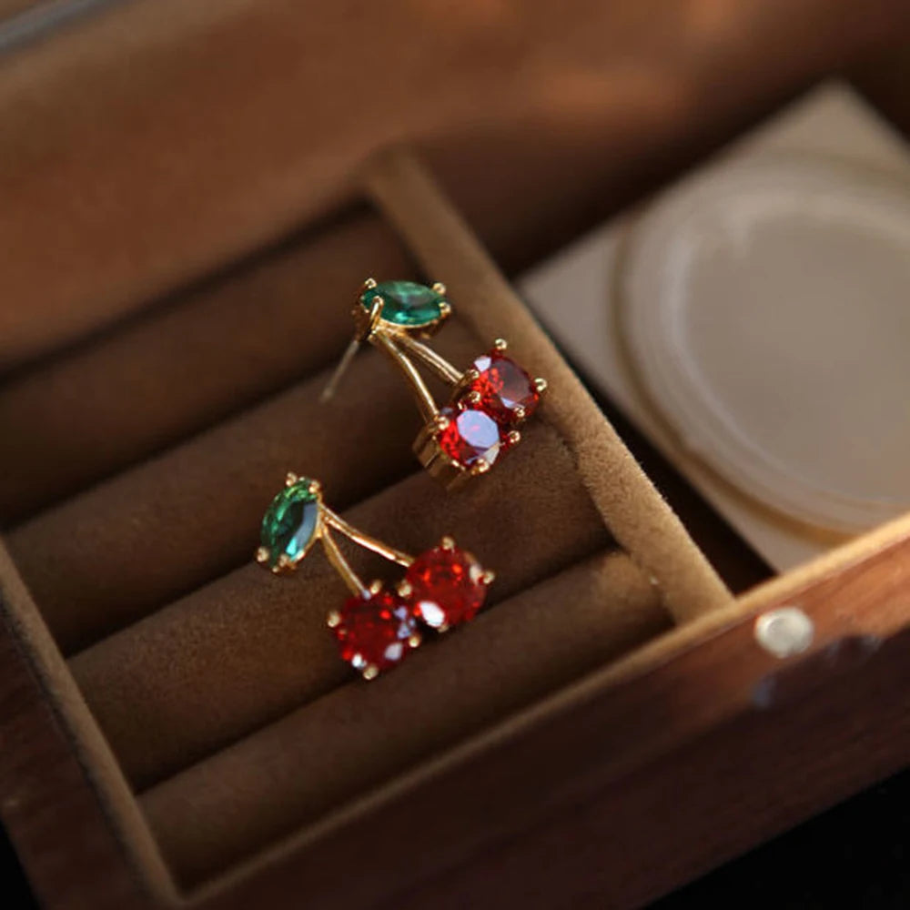 2024 Red Zircon Cherry Leaf Stud Earrings Women Piercing Jewelry For Fashion Crystal Dangle Party Prom Birthday Wedding Gifts Quick Pick Grocers