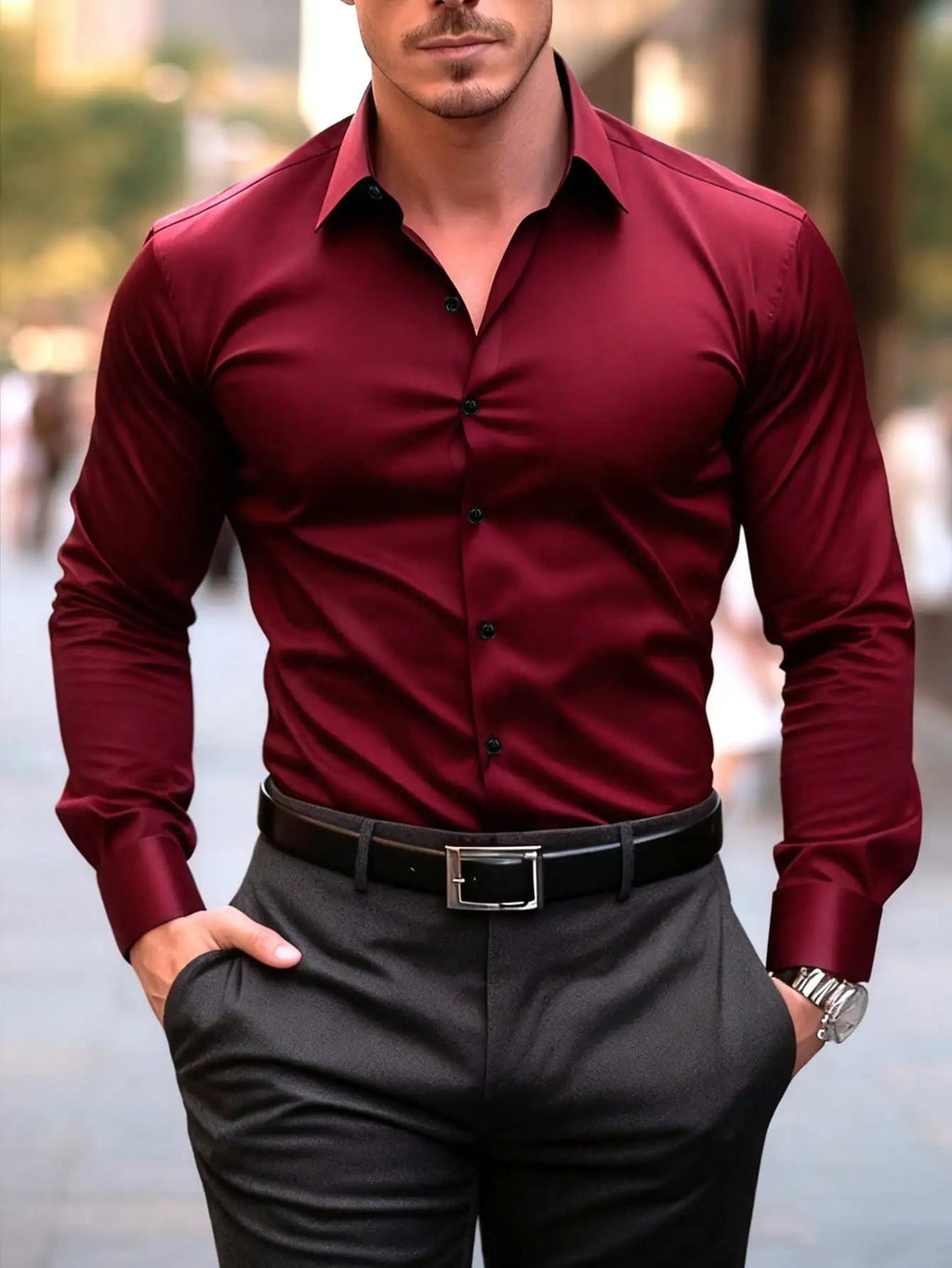 Men's Solid Red Long Sleeve Formal Dress Shirt for Business Office Wear Quick Pick Grocers