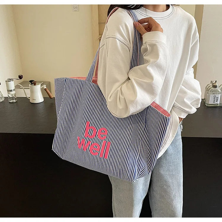 Casual Large Stripe Women's Shoulder Bag 2025 New Fashion Commuter Tote Bag High Capaci Canvas Handbag for Youth bolso mujer Quick Pick Grocers