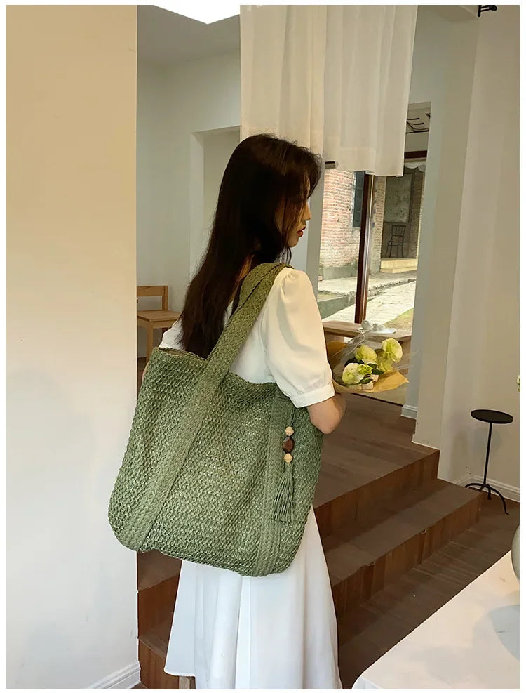 Elegant Ladies Straw Woven Handbag Women Holiday Beach Commute Casual Tote Top-Handle Bags Fashion Retro Shoulder Bags 2024 Quick Pick Grocers