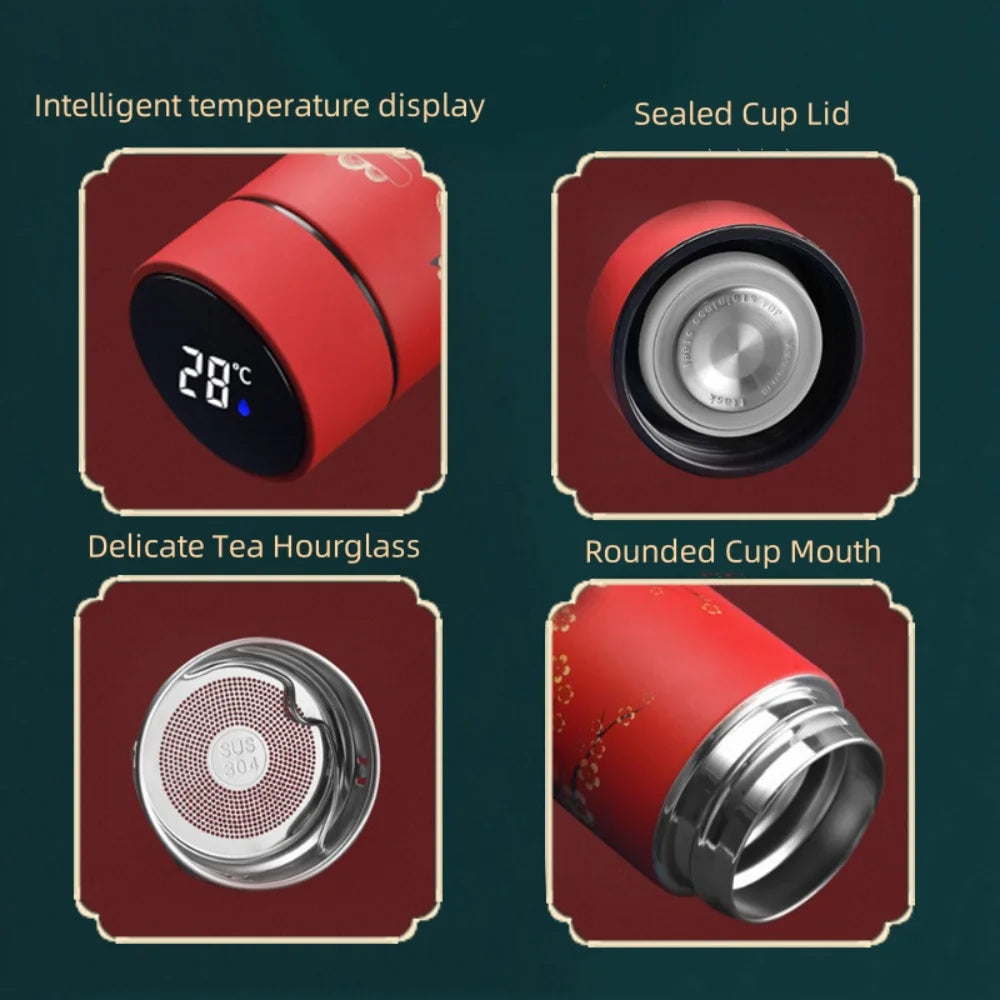 Chinese Style Vacuum Flask With Temperature Display Retro Smart Insulated Water Bottles 304 Stainless Steel Thermal Cu Travel Quick Pick Grocers