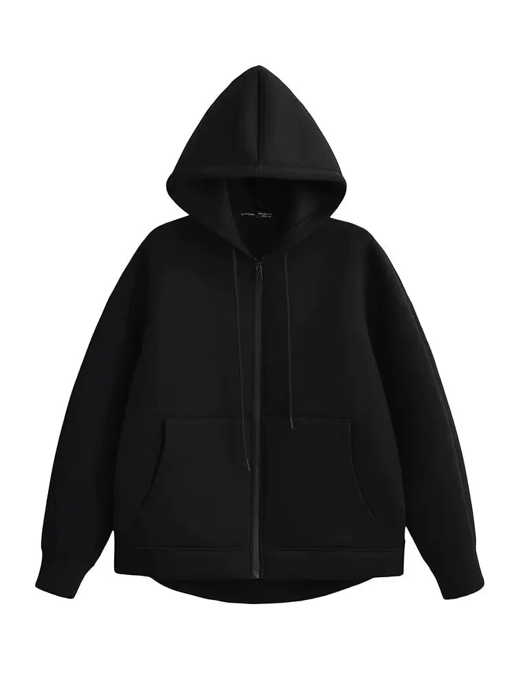 HH Autumn Women Gray Jacket With Hood Long Sleeve Big Pocket Zipper Jacket Coat Woman Loose Casual Outerwear Coat Tops Econic Blanks