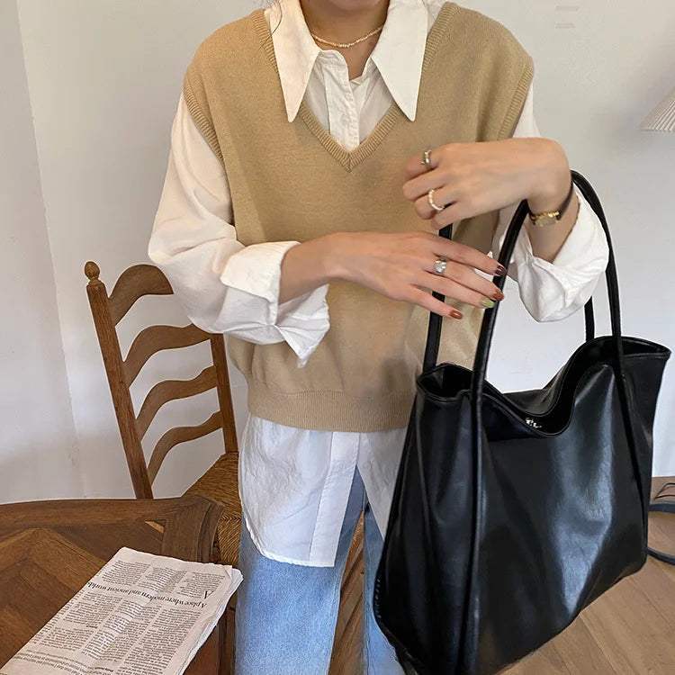 Portable Texture Tote Bag for Women, Shoulder Underarm Bag, Commuting Bag, Large Capacity, Niche Design, Autumn Winter Handbags Quick Pick Grocers