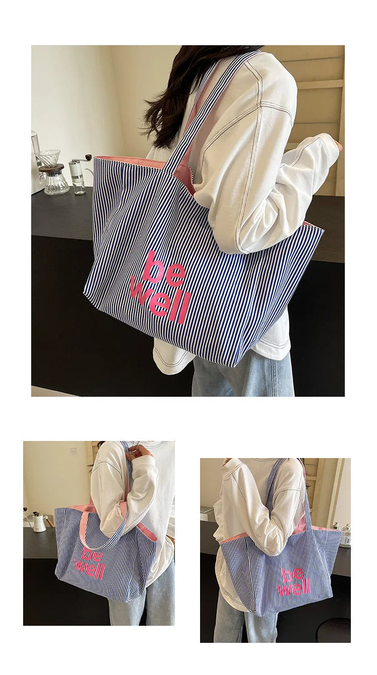 Casual Large Stripe Women's Shoulder Bag 2025 New Fashion Commuter Tote Bag High Capaci Canvas Handbag for Youth bolso mujer Quick Pick Grocers