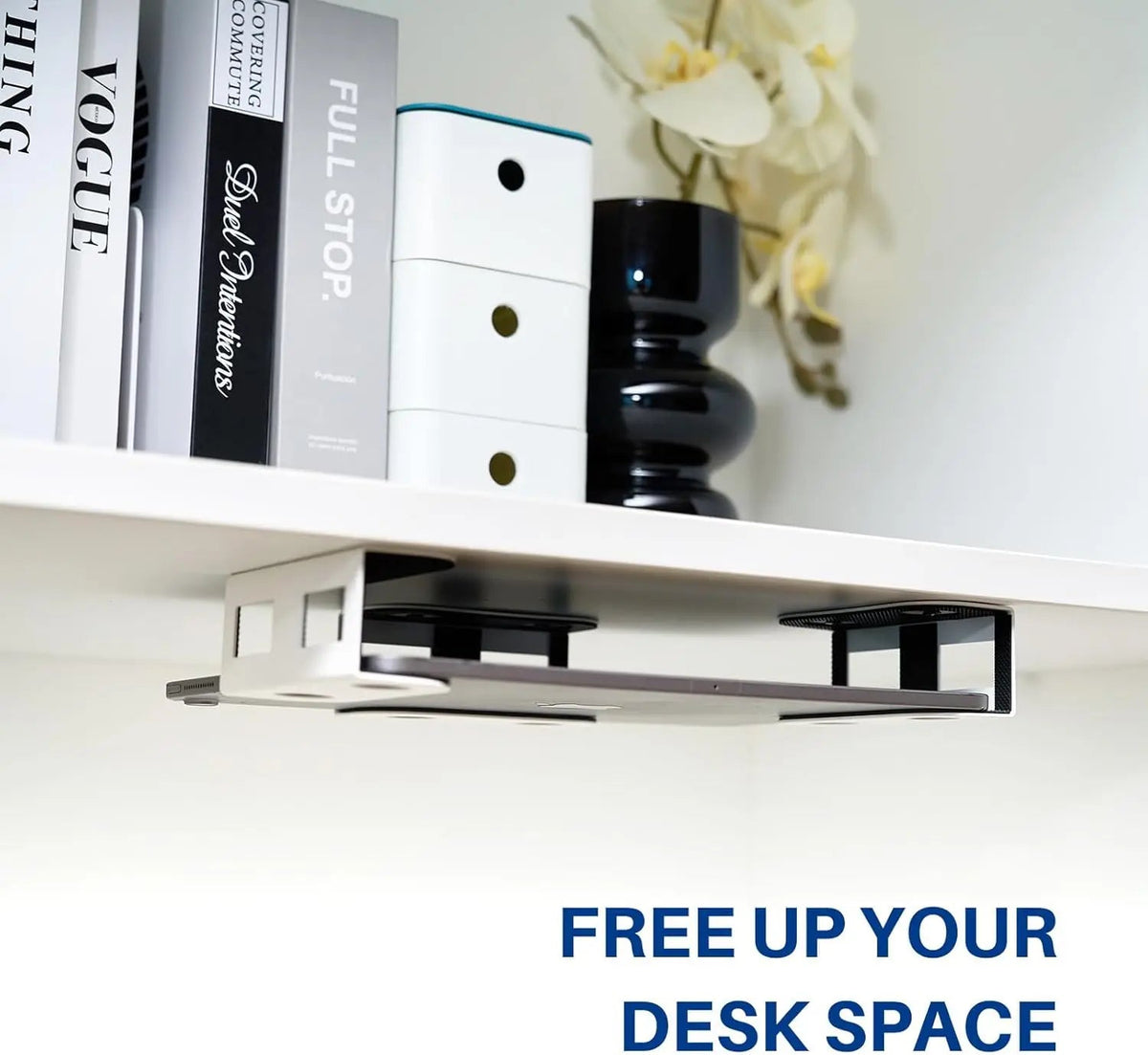 Under Desk Laptop Mount, Metal Under Desk Shelf Holder for Laptop, Mac Mini, Macbook, Keyboard with Anti-Scratch Silicone Quick Pick Grocers